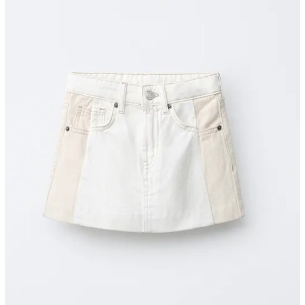 NWT Zara Girls 8-9 White Denim Colorblock Mini Skirt Two Tone Panel